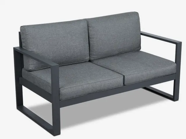 Sillón de dos plazas de estructura oscura con cojines grises, imagen del catálogo