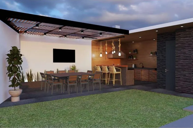 Render del mismo patio con una mesa larga oscura y sillas oscuras con respaldo de tablillas
